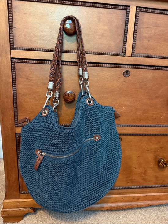 The Sak Handbags - The Sak Blue Crochet Hobo Bag with Brown Braided Handles